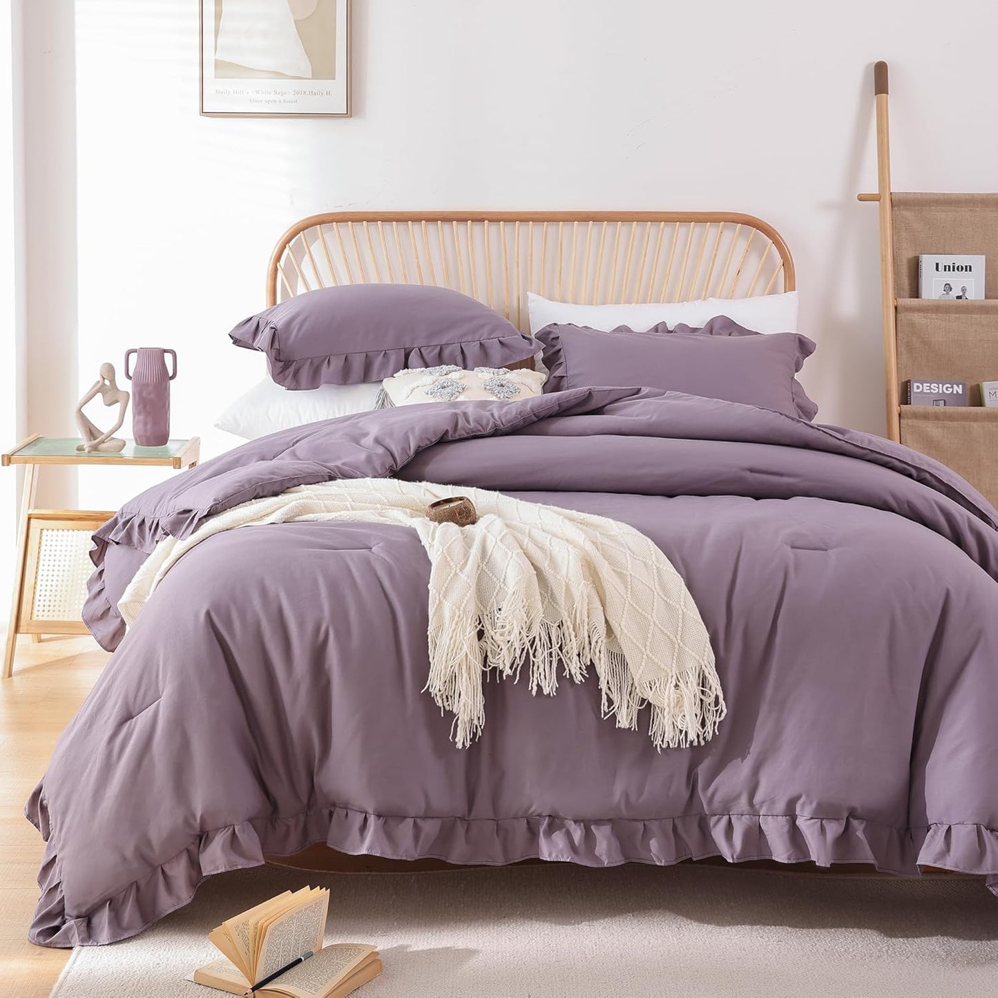 Twin Comforter Set Grayish Purple Ruffle Soft Bedding Set
