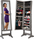 Gray Oak Jewelry Armoire with Full-Length Mirror - Lockable, Large