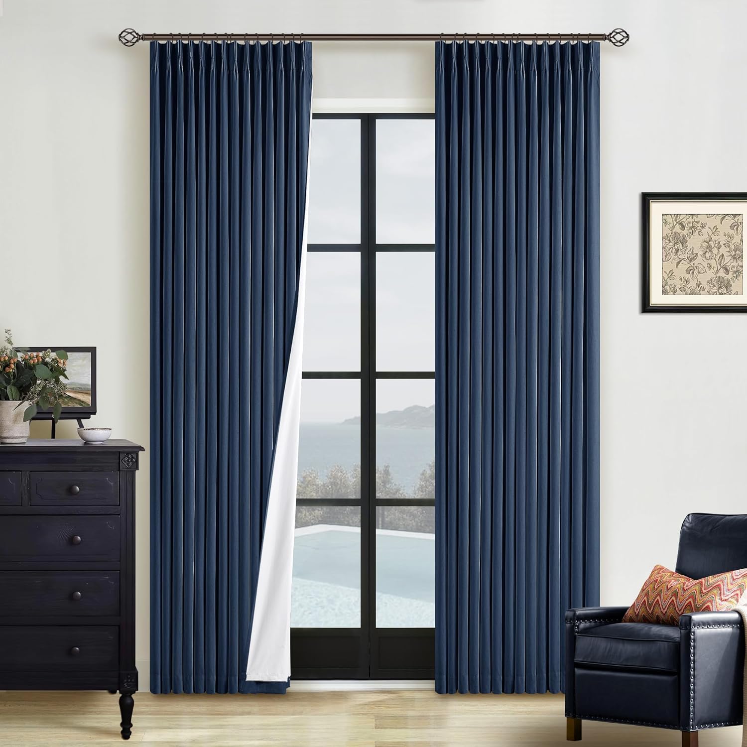 Navy Pinch Pleated 100% Blackout Linen Curtains for Bedroom