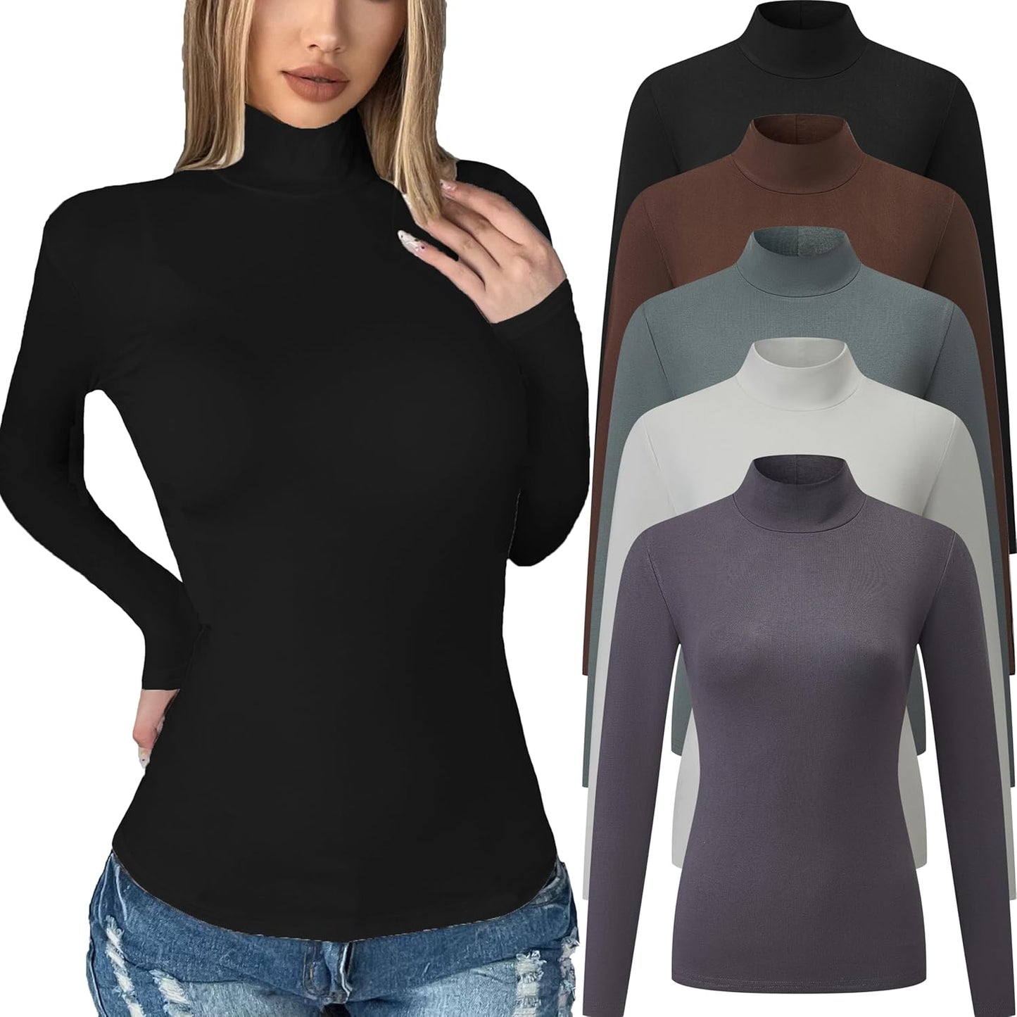 5 Pack Womens Long Sleeve Tops Mock Turtleneck Basic T Shirts
