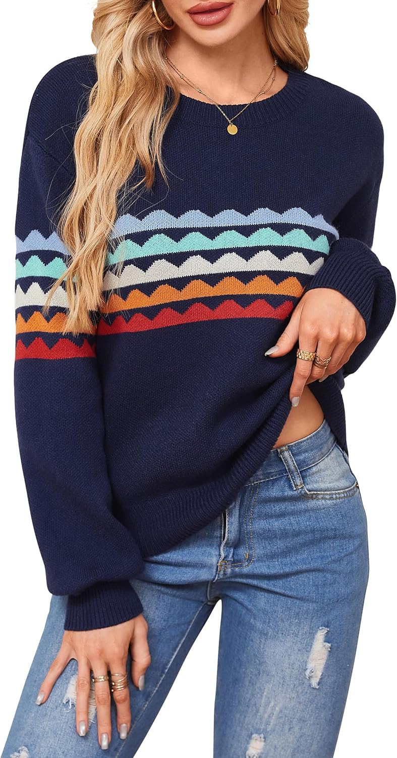 ECOWISH Women's Sweater with Rainbow Stripes for Cozy Style