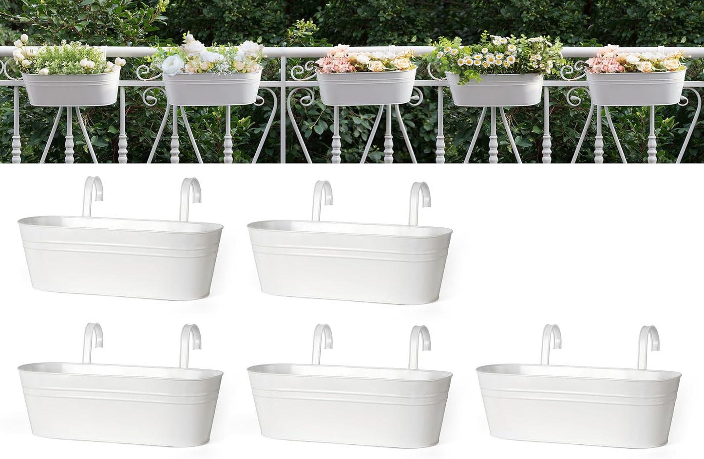 Hanging Flower Pots for Railing Fence - 5 Pcs Metal Planters