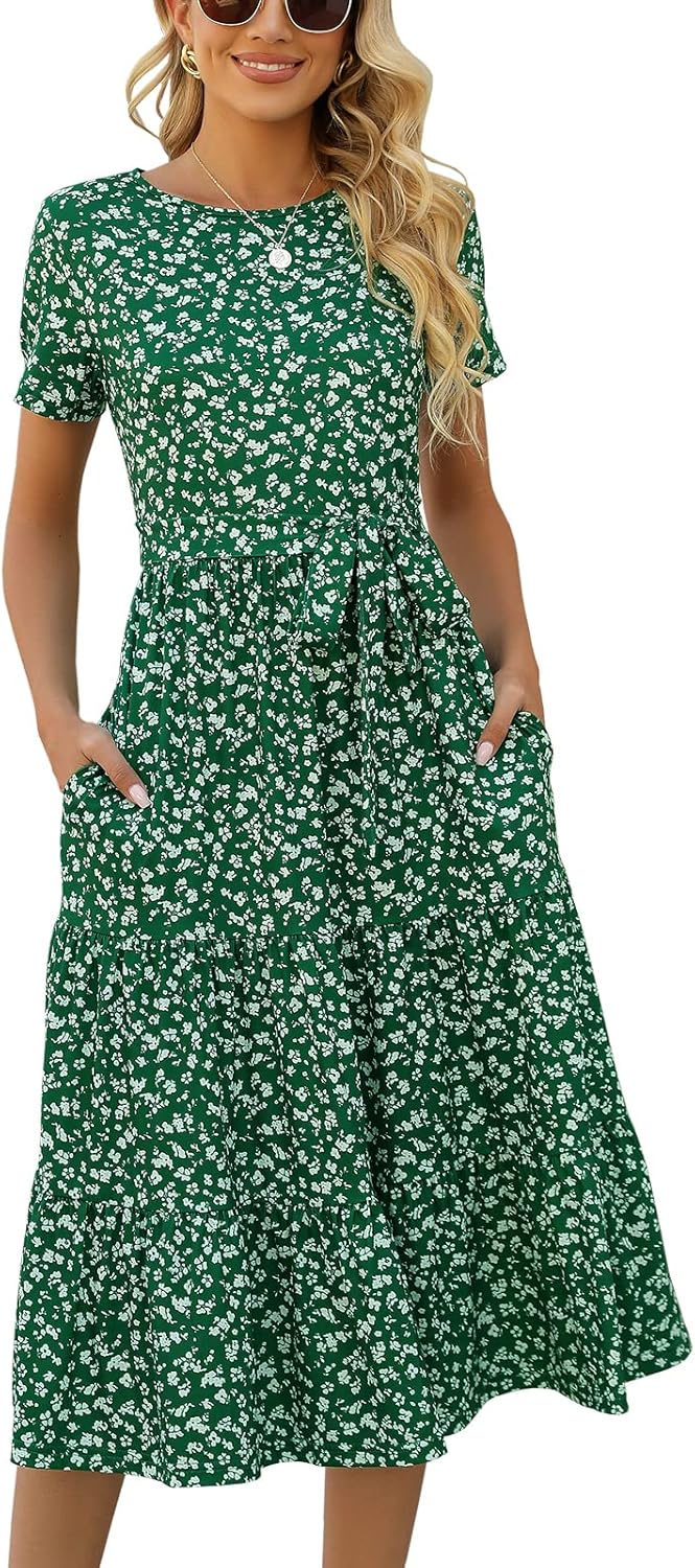 Lyrur Women's Casual Summer Tiered Midi Dress with Pockets