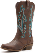 Girls Mid-Calf Cowgirl Boots with Side Zipper - Embroidered Style