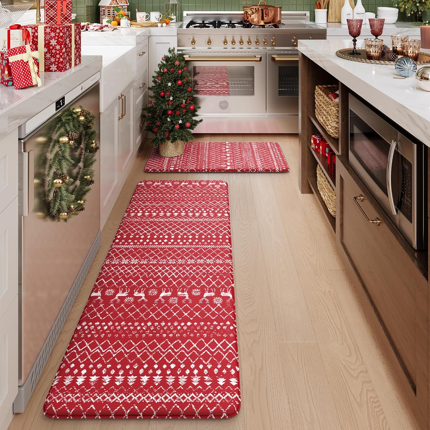 KIMODE Christmas Kitchen Rugs Set of 2 for Festive Decor