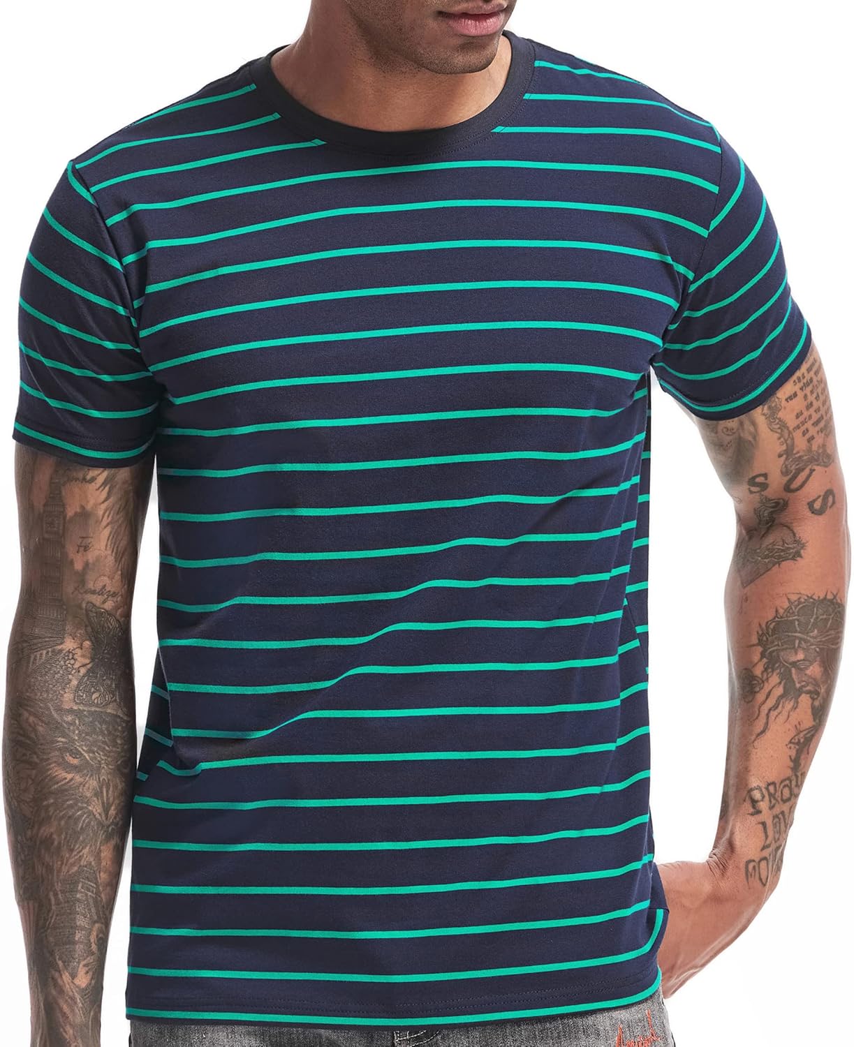 VEIISAR Men's Crewneck Striped T-Shirt for Comfort and Style