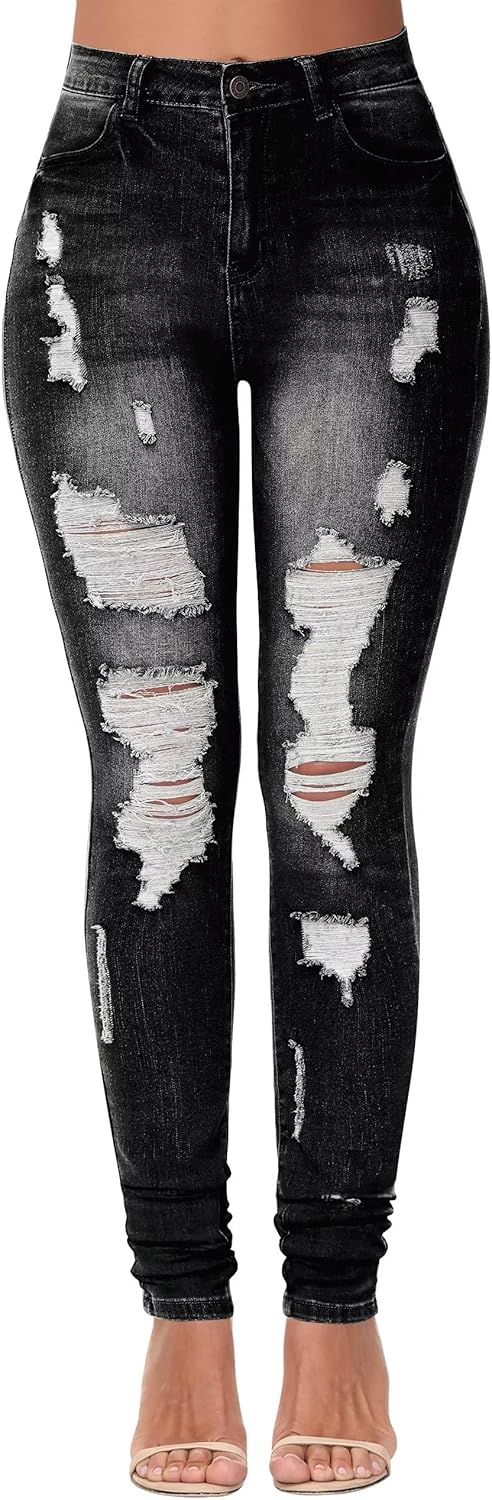 KDF Women's High Waisted Distressed Ripped Jeans for Comfort