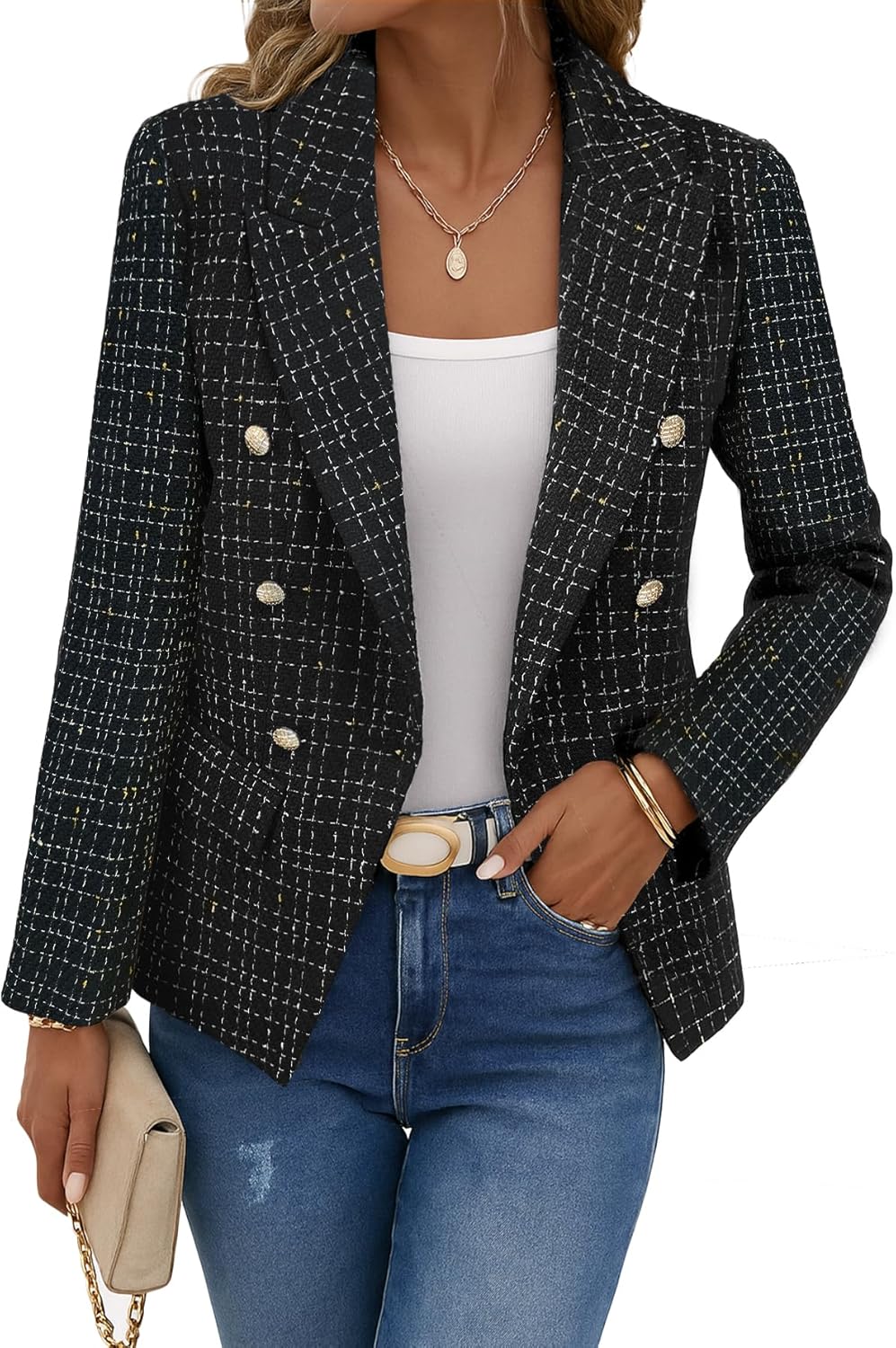 Mina Self Women's Tweed Plaid Blazer Jacket for Fall Fashion