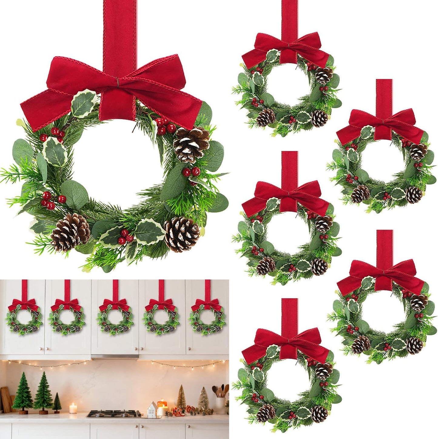 10Inch Mini Christmas Wreaths for Kitchen Cabinet Decor