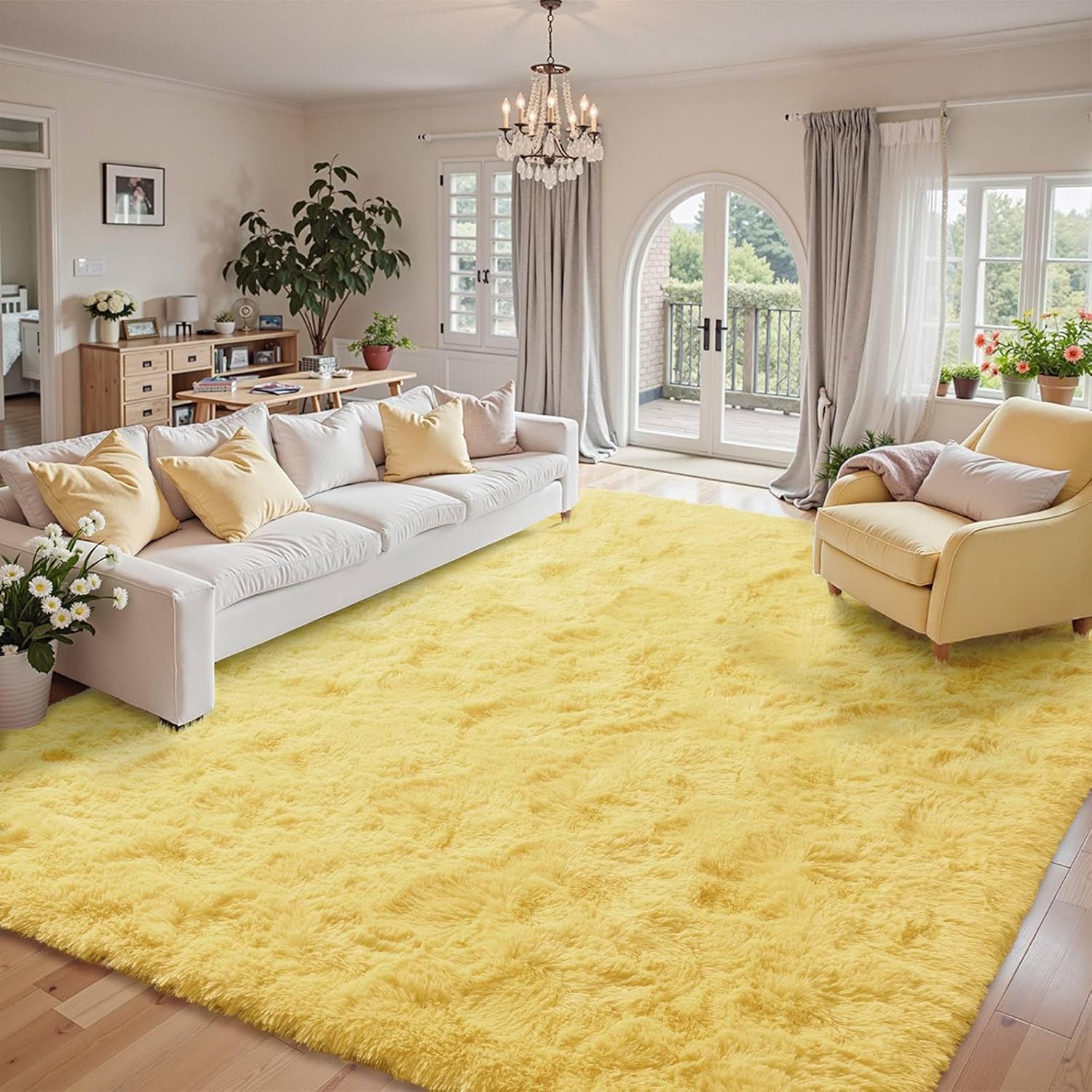 9x12 Area Rugs for Living Room Shag Fluffy Rug in Light Yellow