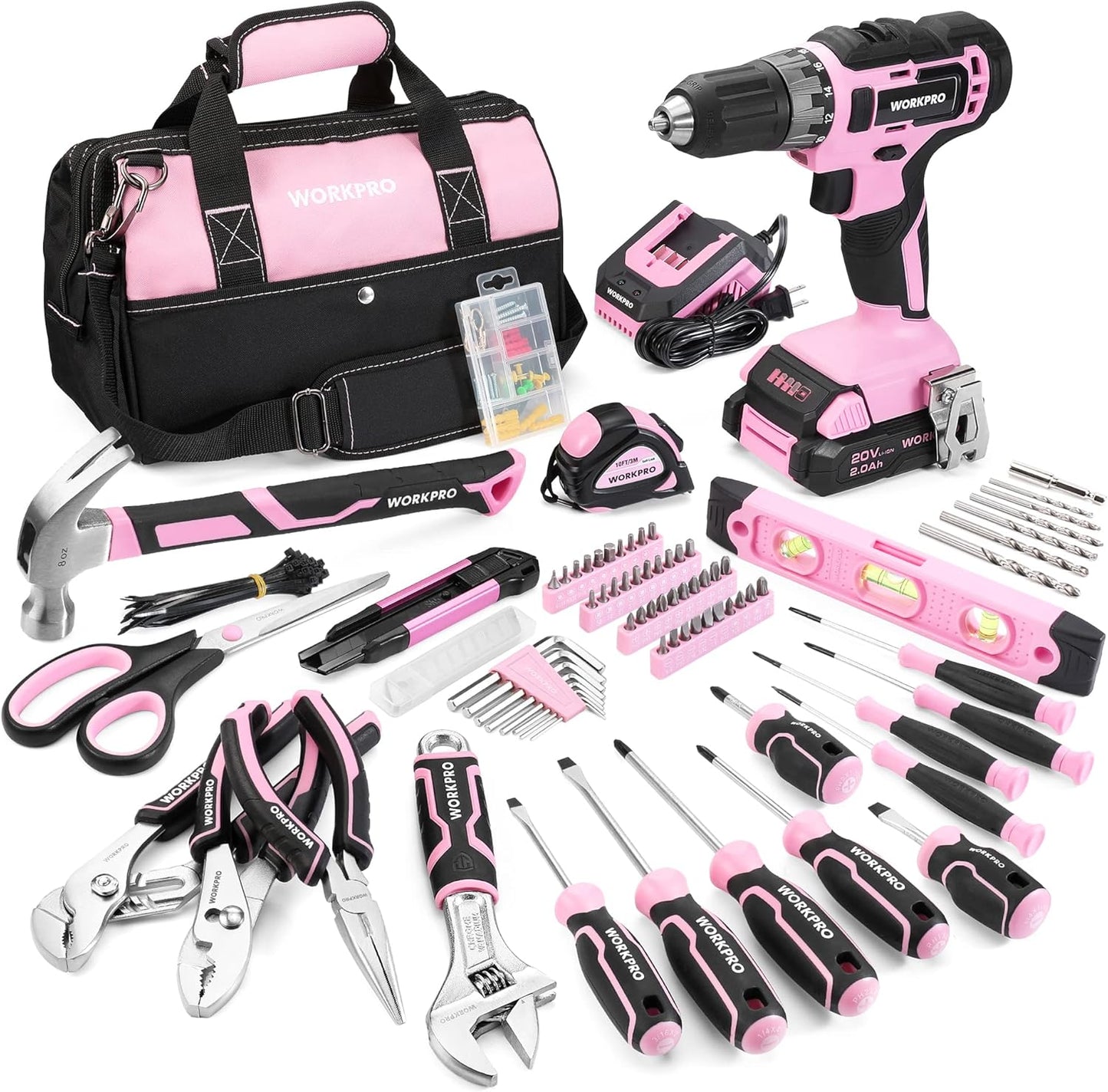 WORKPRO Pink Household Tool Kit with 20V Cordless Drill Driver