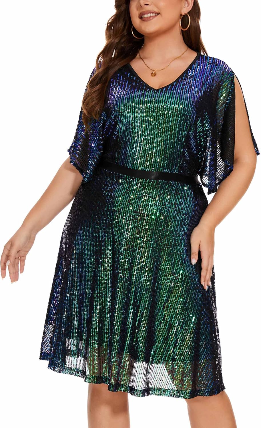 Sparkly Sequin Dress with Bat Sleeves for Elegant Occasions