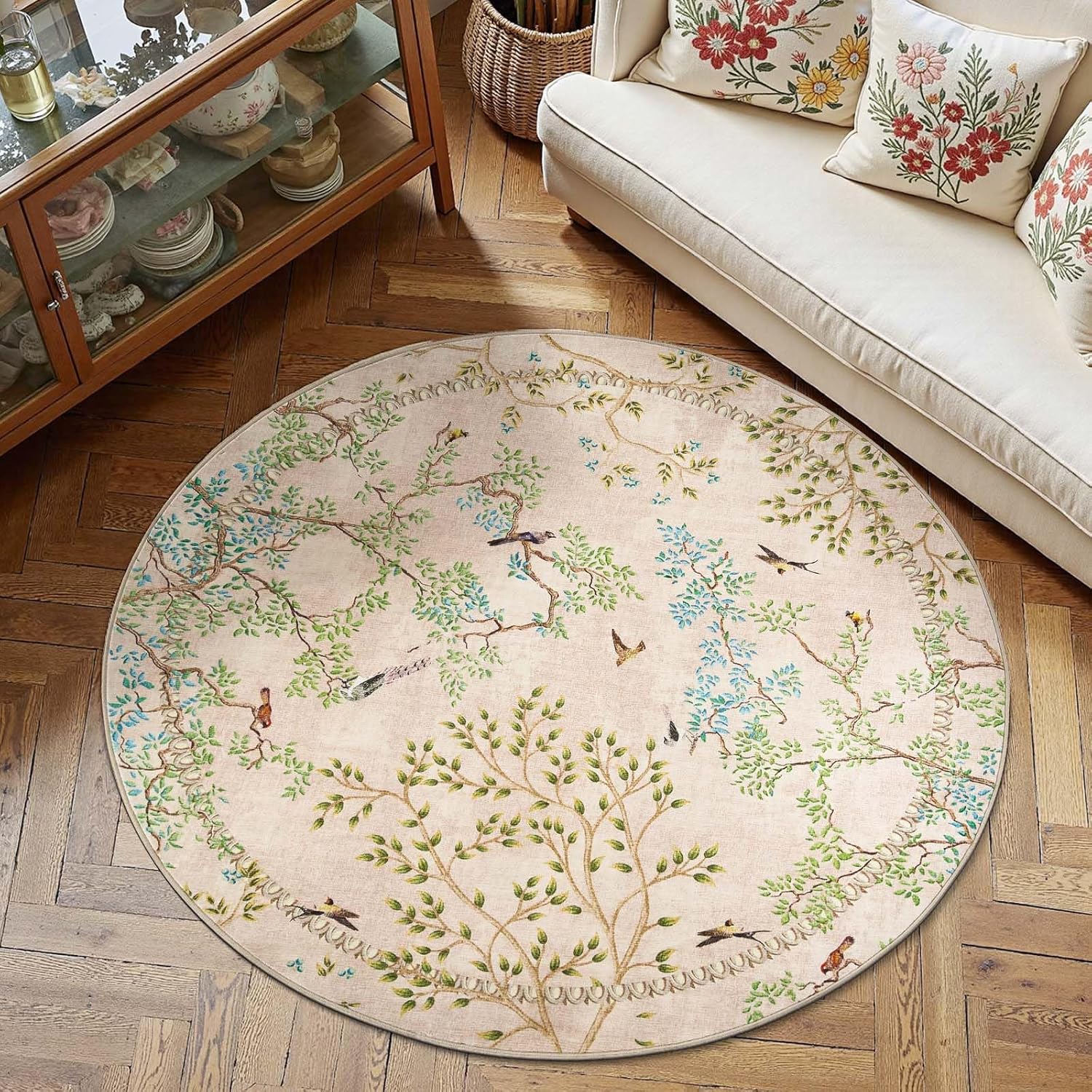 jinchan Round Rugs 6ft Beige Botanical Birds Print for Home