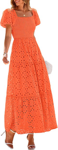 Summer Dresses for Women 2025 Eyelet Smocked Maxi Dress with Pockets