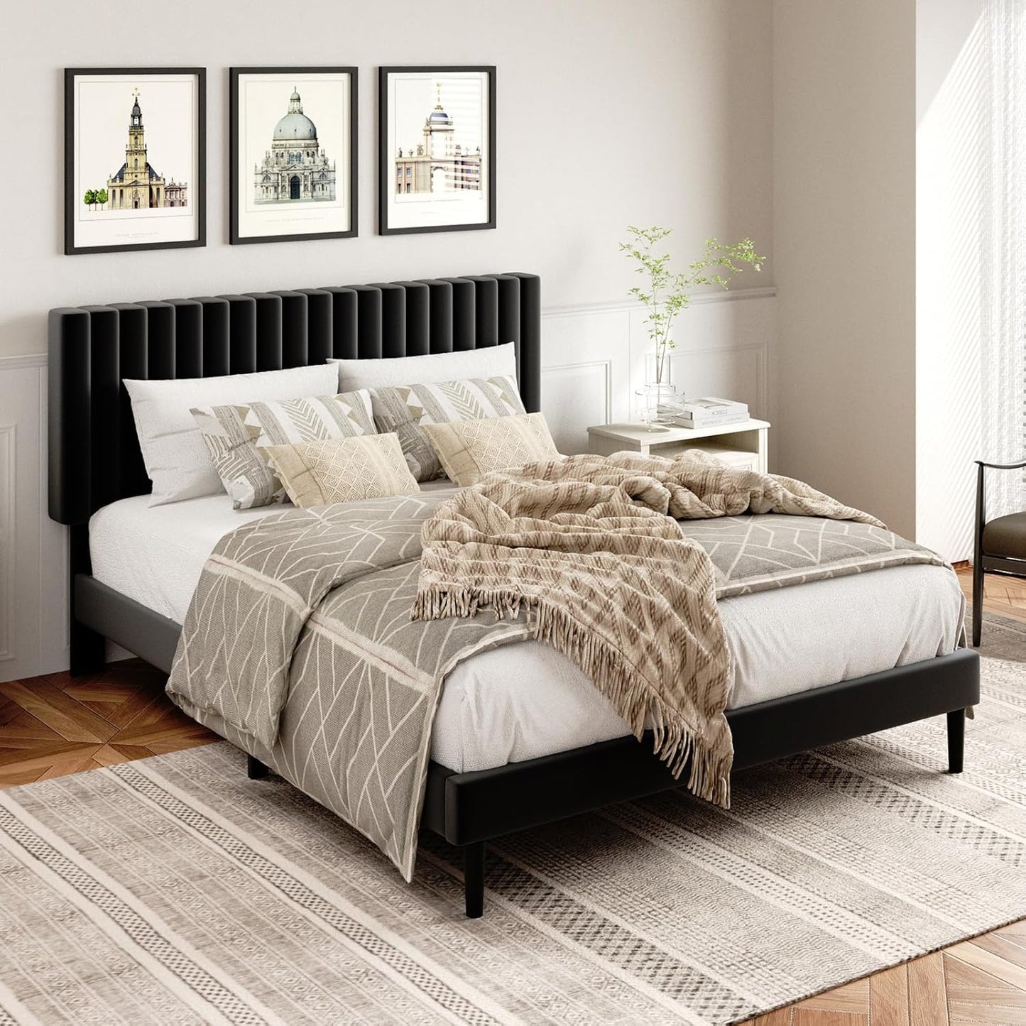 Queen Size Platform Bed Frame with Velvet Upholstered Headboard