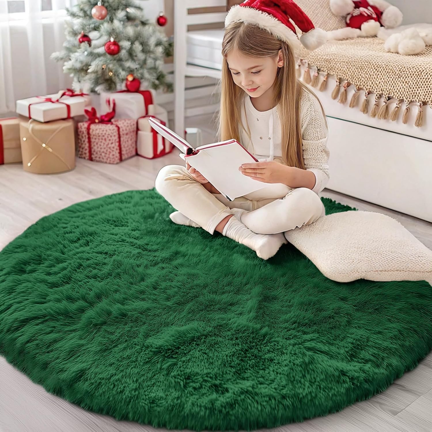 OLANLY Dark Green Round Rugs for Bedroom - Soft and Fluffy