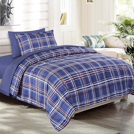 EMME Twin Bed in A Bag 5-Piece Blue Plaid Comforter Set