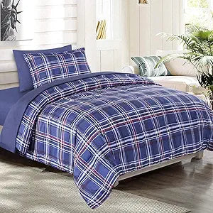 EMME Twin Bed in A Bag 5-Piece Blue Plaid Comforter Set