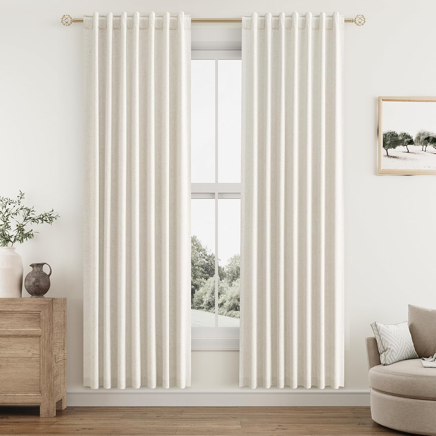 Guken Cream Linen Blackout Curtains for Living Room and Bedroom