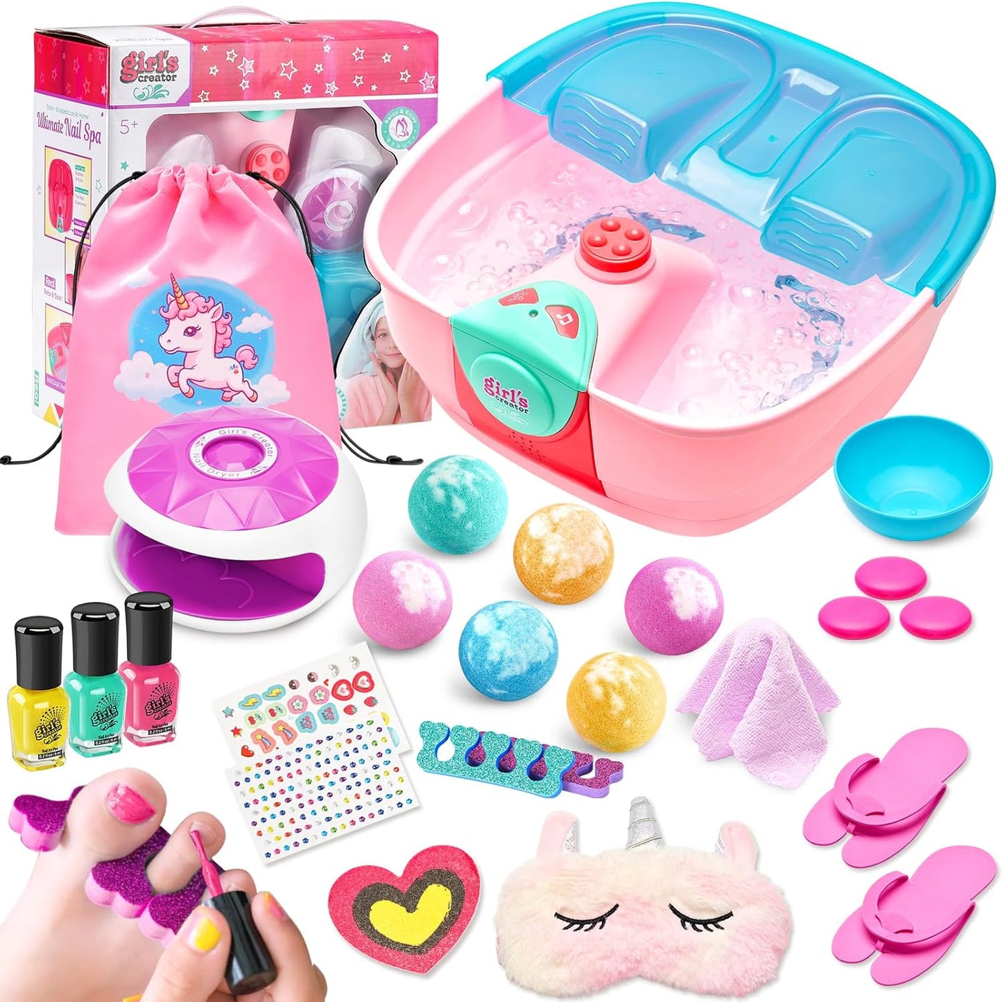 Kids Spa Day Kit for Girls with Foot Spa and Nail Polish Set