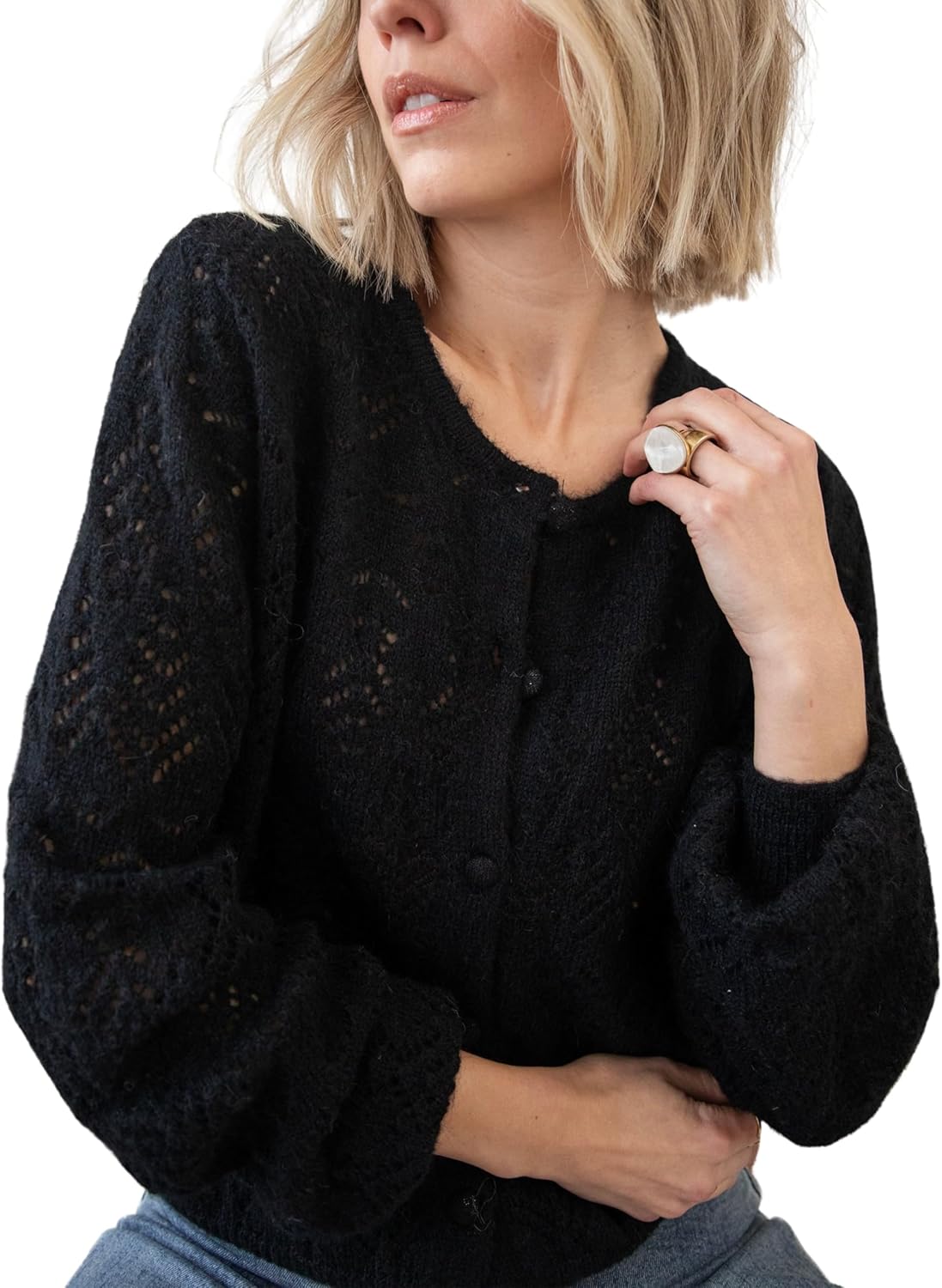 Womens Lightweight Crochet Cardigan Long Sleeve Openwork Knit Sweater
