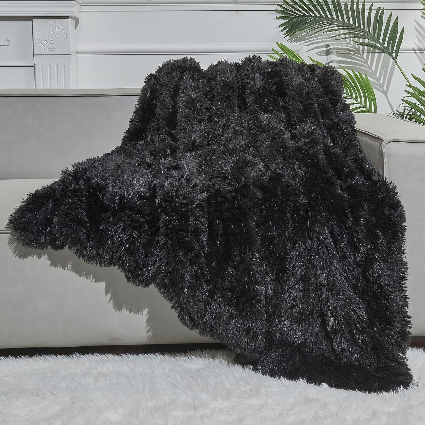 Fuzzy Faux Fur Throw Blanket Black Super Soft Cozy Plush