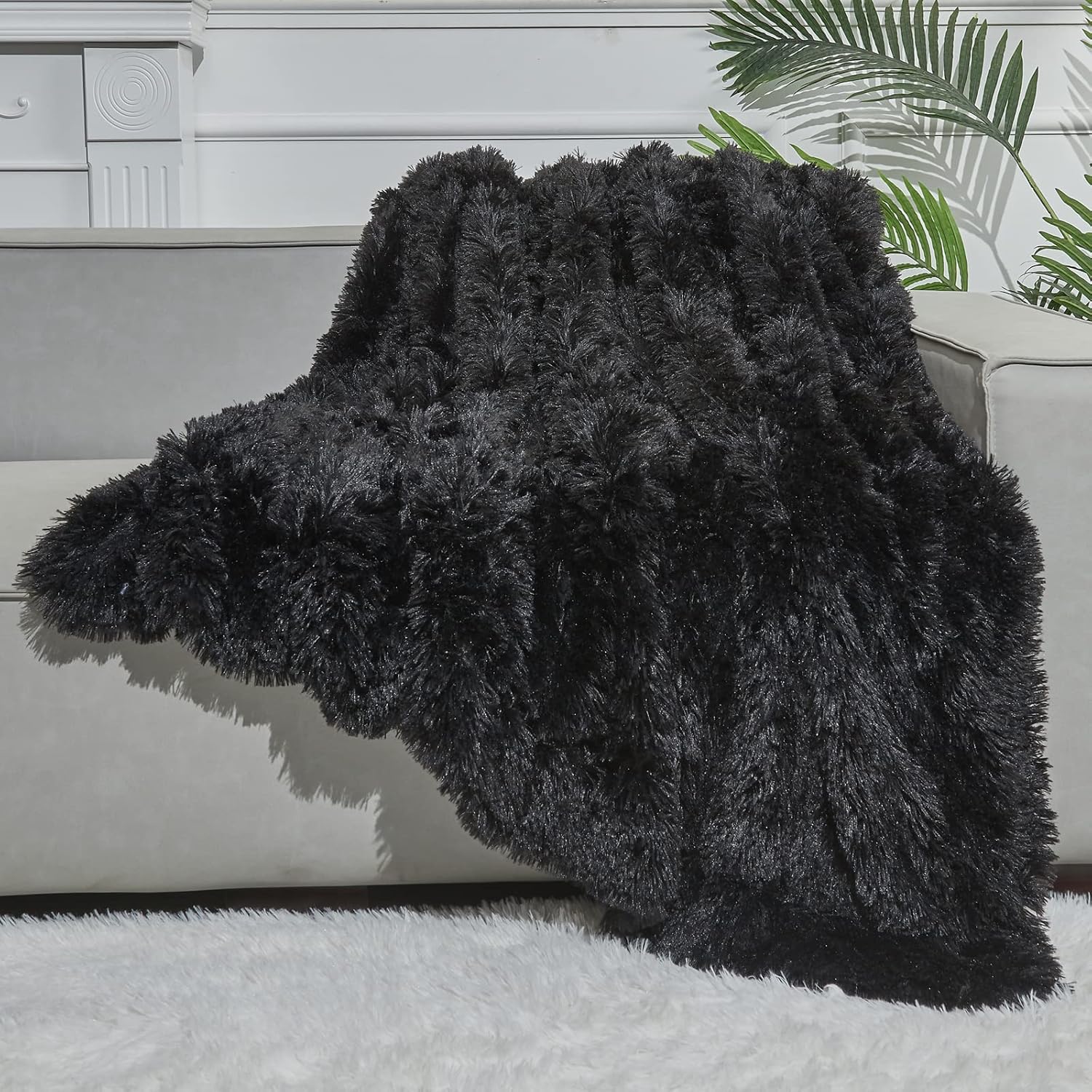 Fuzzy Faux Fur Throw Blanket Black Super Soft Cozy Plush