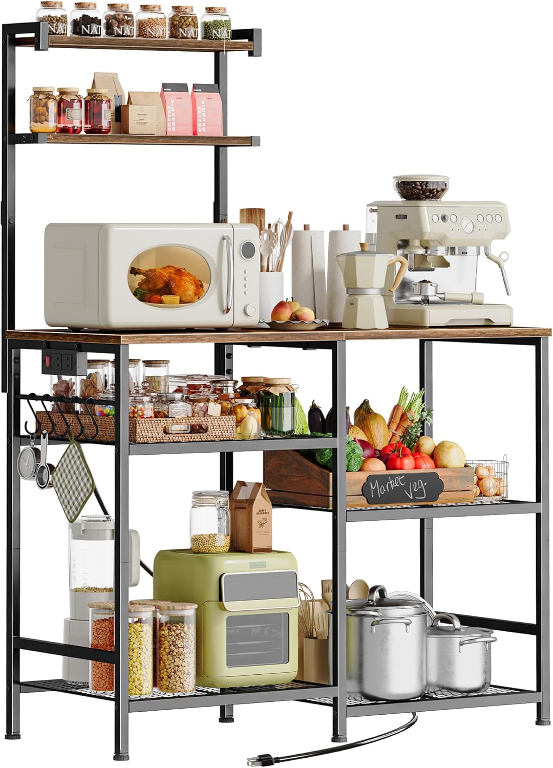 39.4 Inch Bakers Rack with Power Outlets and Storage Options