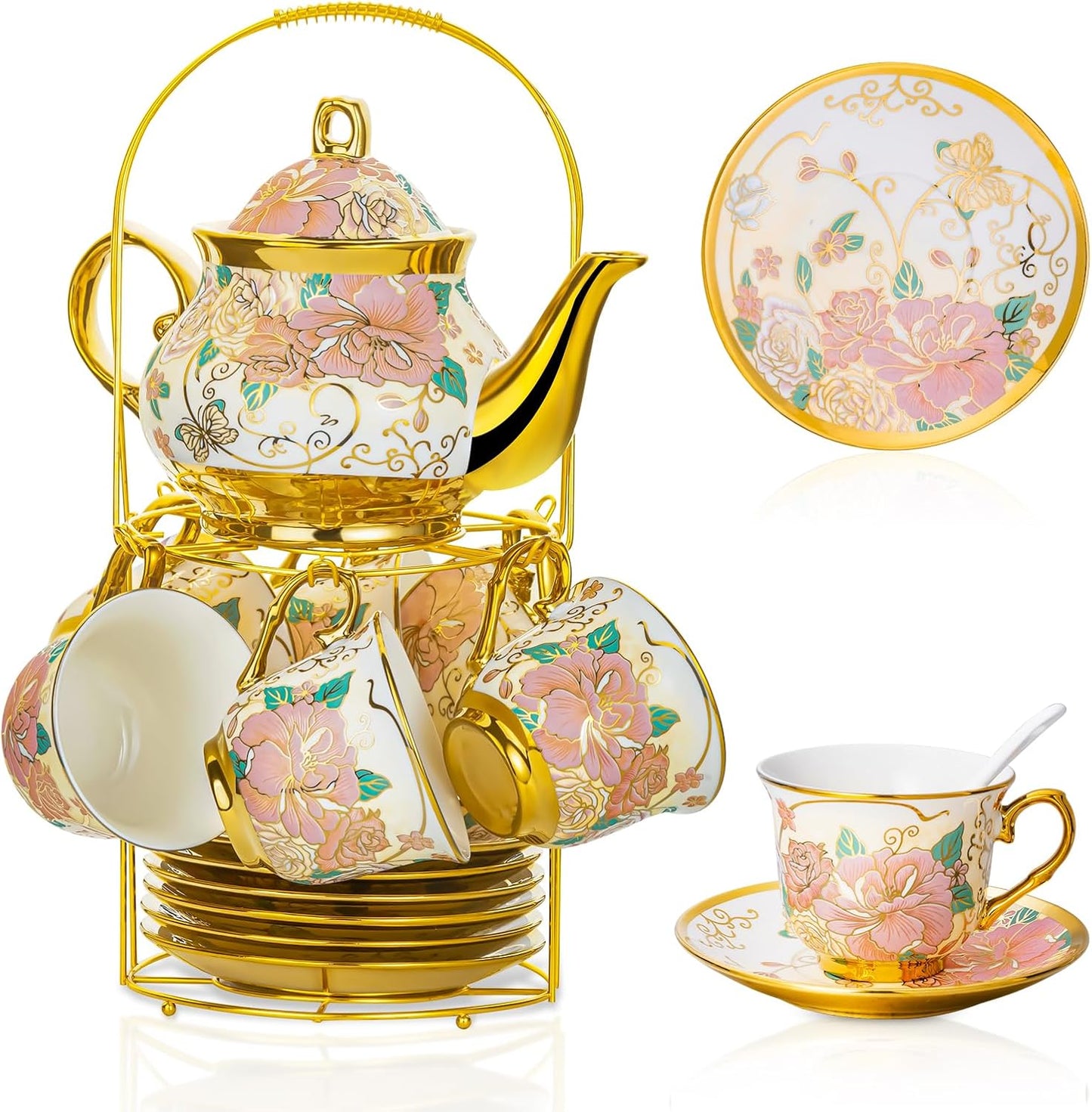 20 Pieces European Ceramic Tea Set with Metal Holder and Flower Design