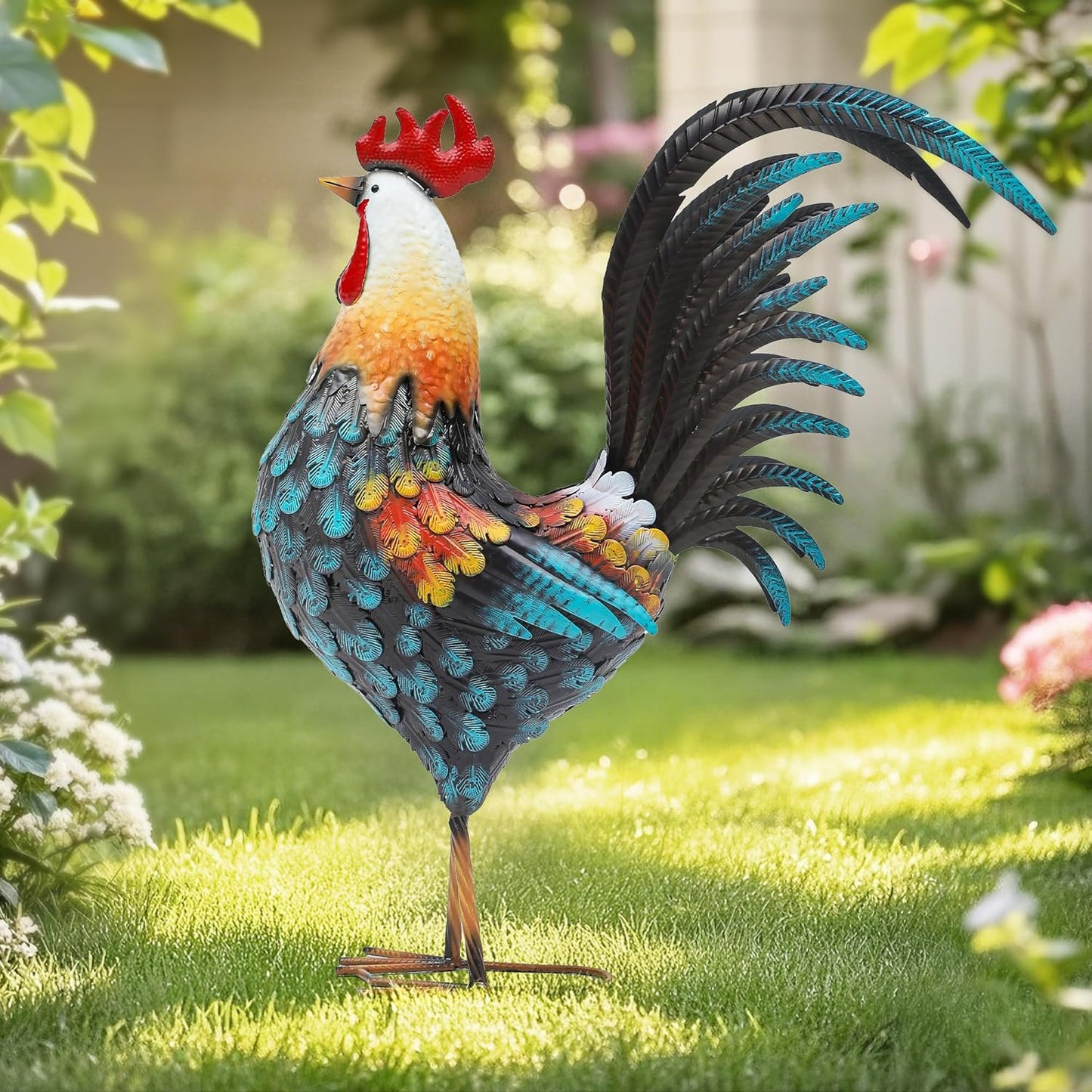 Majestic 32in Metal Rooster Decor for Garden and Kitchen