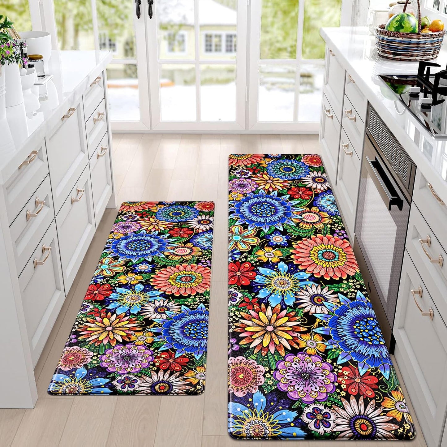 Boho Kitchen Rugs Set - Floral Anti Fatigue Comfort Mats