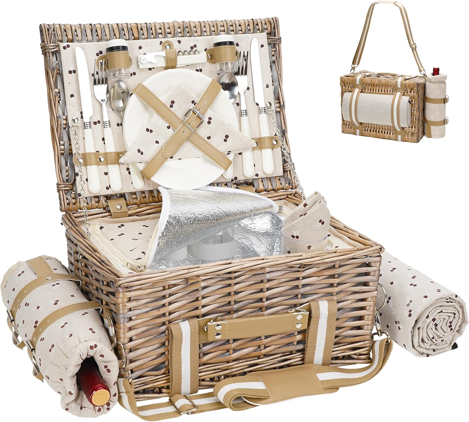 19Pcs Picnic Basket for 2 with Blanket - Wicker Hamper Set