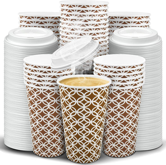 Brown Ginkgo 16 oz To Go Coffee Cups w/ Lids - Travel-Friendly