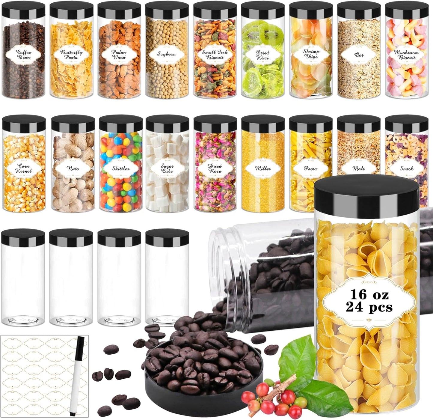 16 OZ Plastic Jars with Lids for Food Storage and Organization