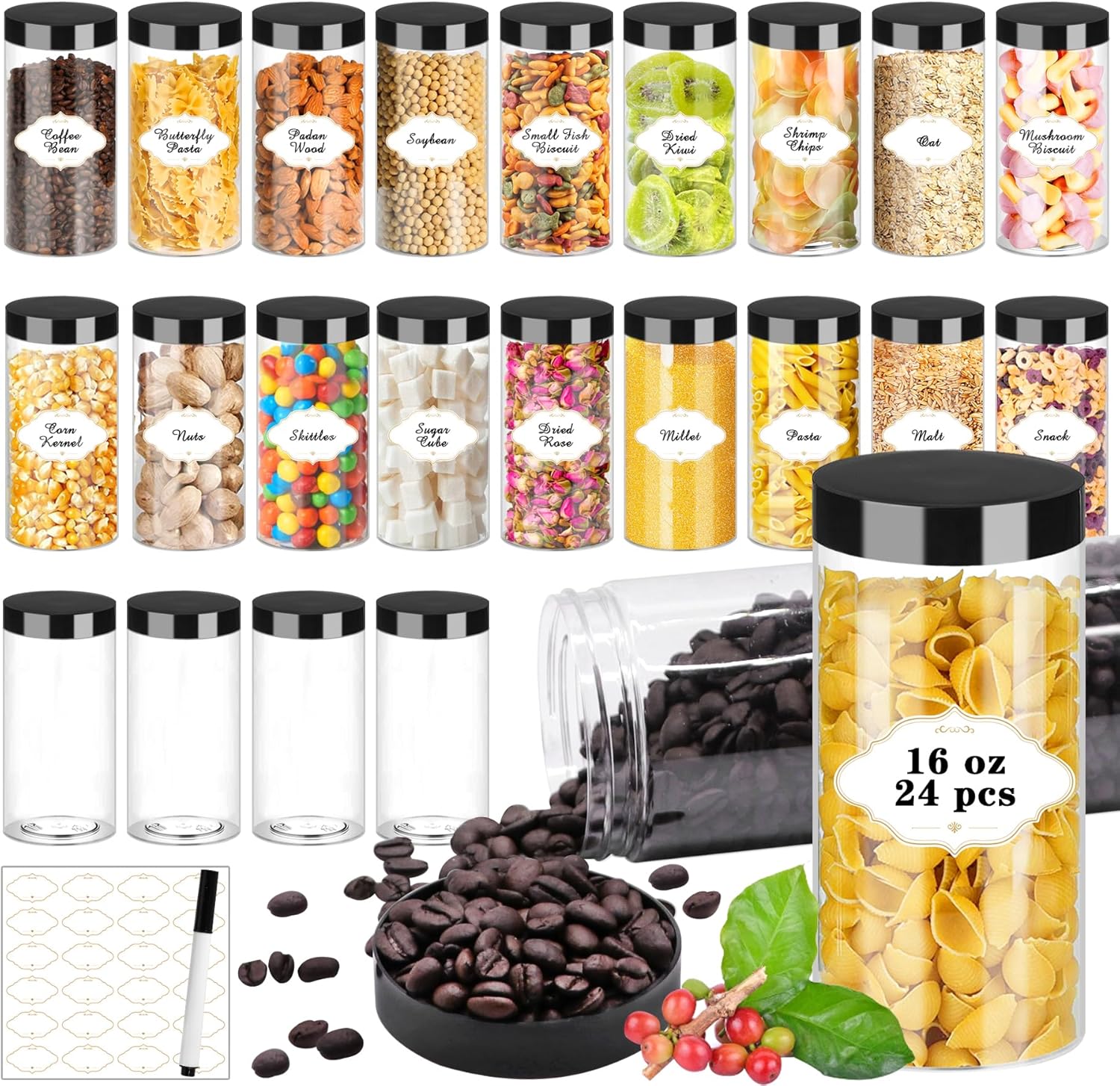 16 OZ Plastic Jars with Lids for Food Storage and Organization