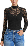Long Sleeve Mesh Bodysuit for Women - High Neck Lace Two-Piece