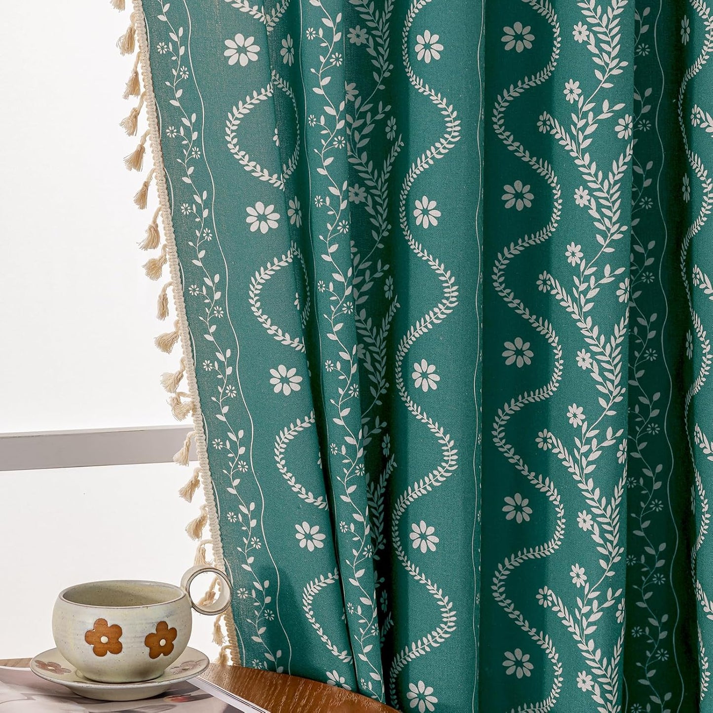 Boho Teal Curtains for Living Room with Floral Pattern Design