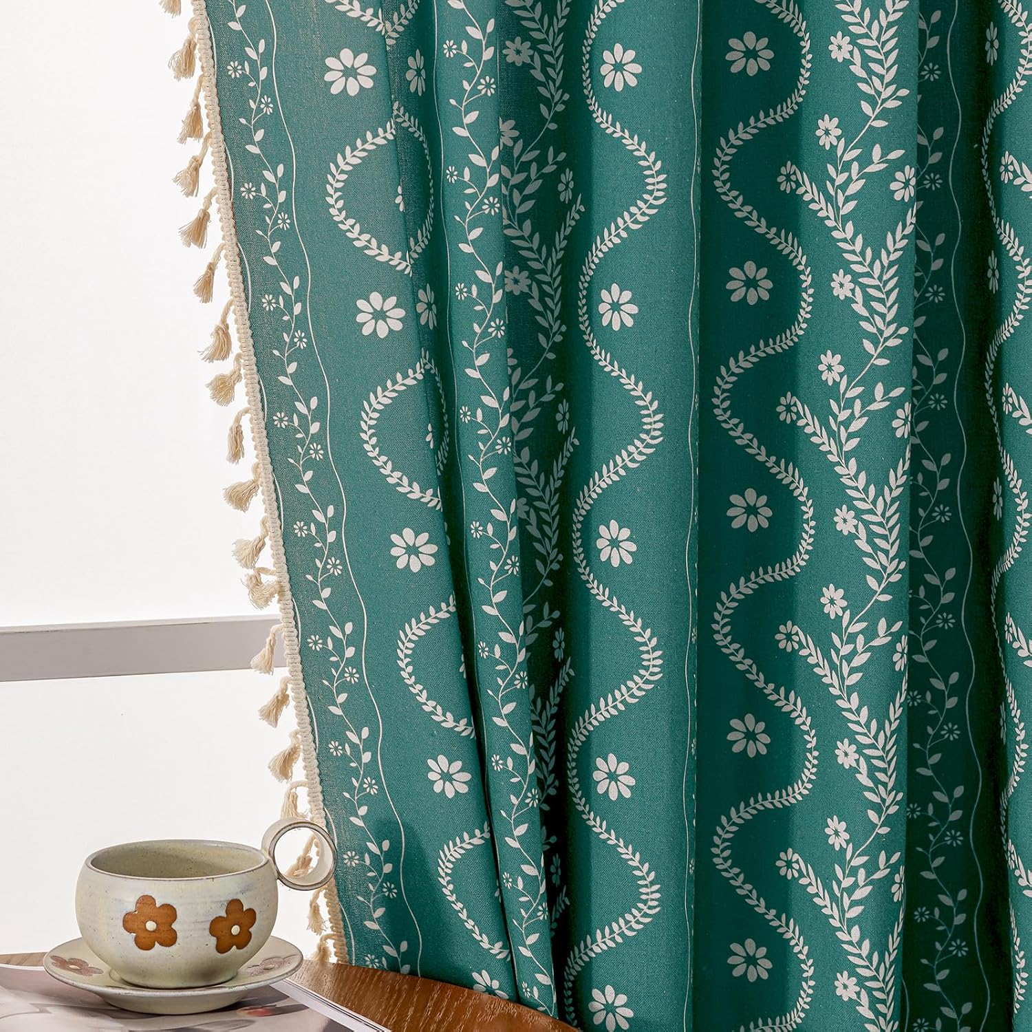 Boho Teal Curtains for Living Room with Floral Pattern Design
