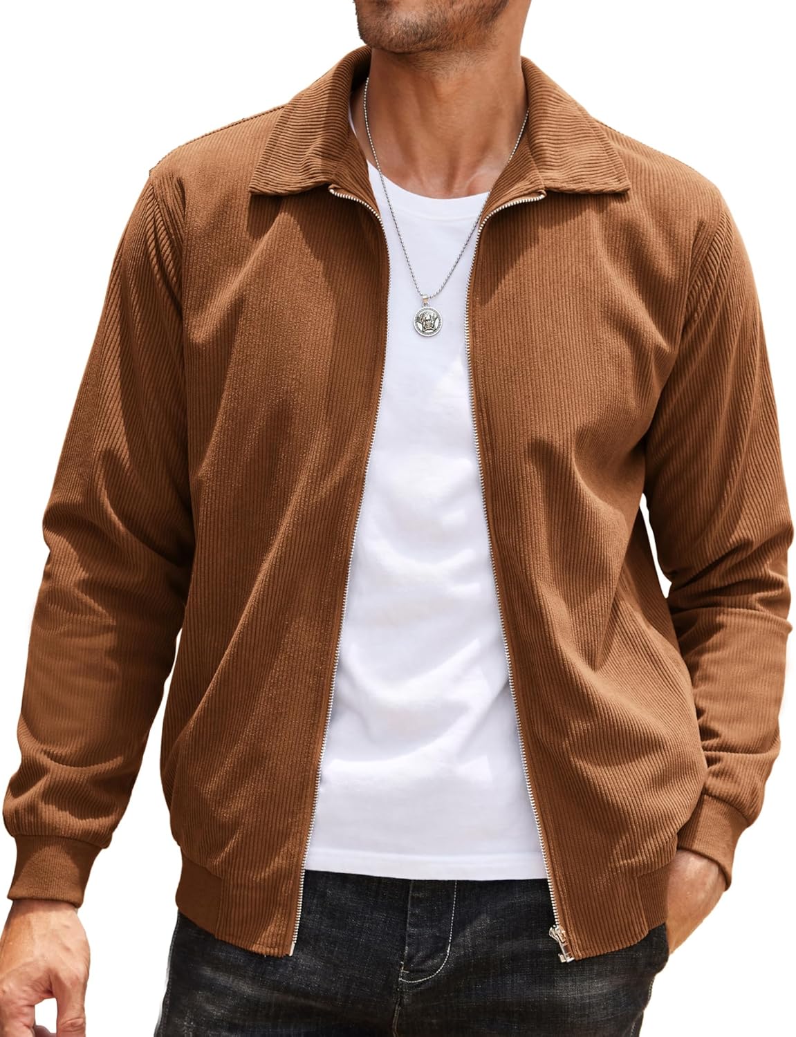 Men's Casual Corduroy Jacket Lightweight Zip Up Vintage Style