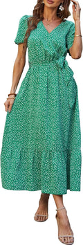 Women's Summer Floral Boho Maxi Dress Wrap V Neck - Flowy Ruffle M=US