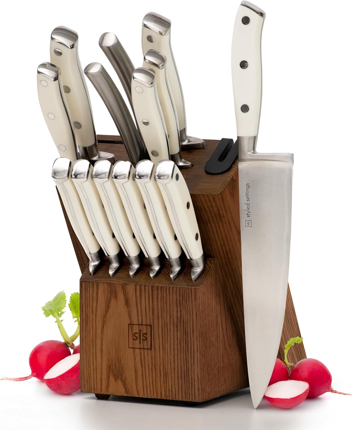 White Knife Set with Block - 14-Piece Self-Sharpening Knives
