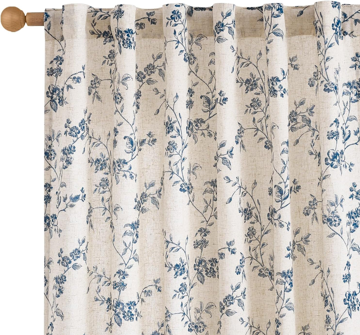 Linen Farmhouse Curtains with Blue Floral Design for Home Decor