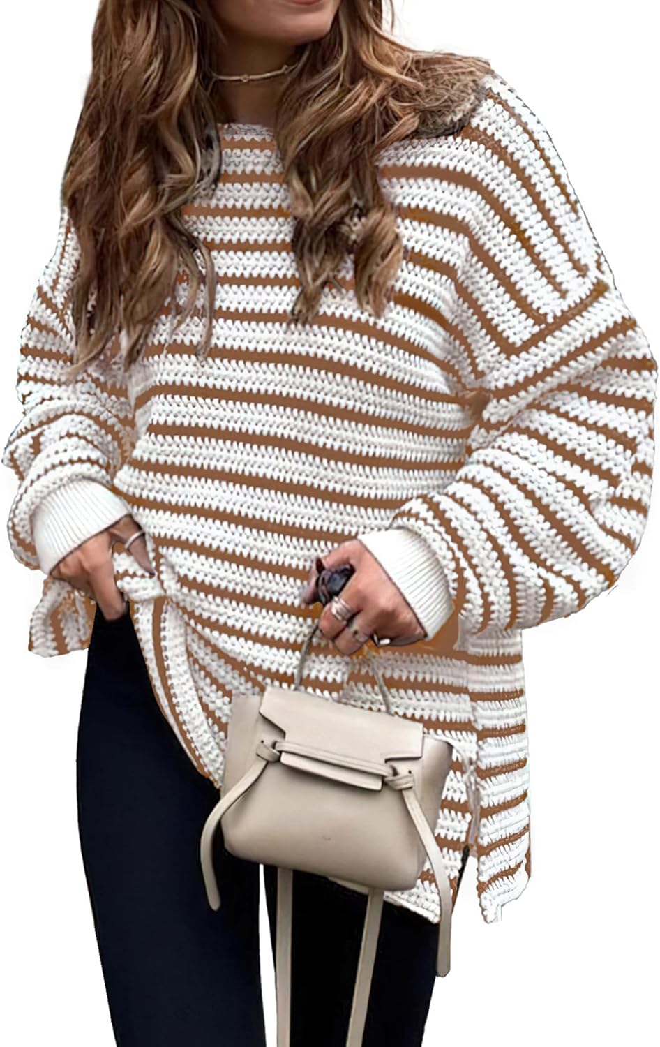 KIRUNDO Women's Oversized Long Sleeve Striped Sweater for Fall