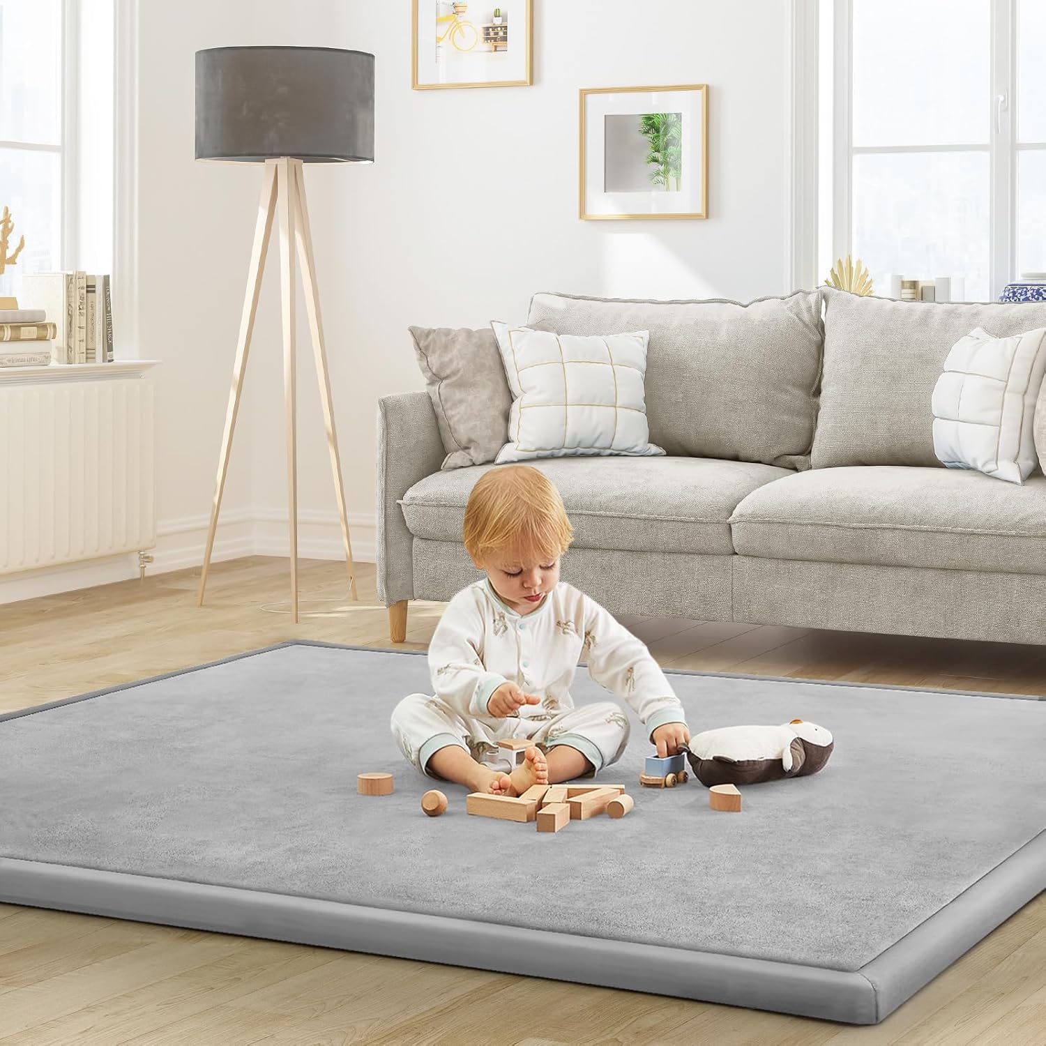 Baby Play Mat for Floor Tummy Time Rug 4ft11x3ft 28in Light Gray
