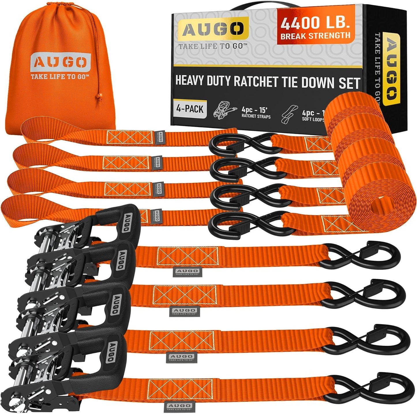 AUGO Heavy Duty Ratchet Straps with Soft Loops for Secure Towing