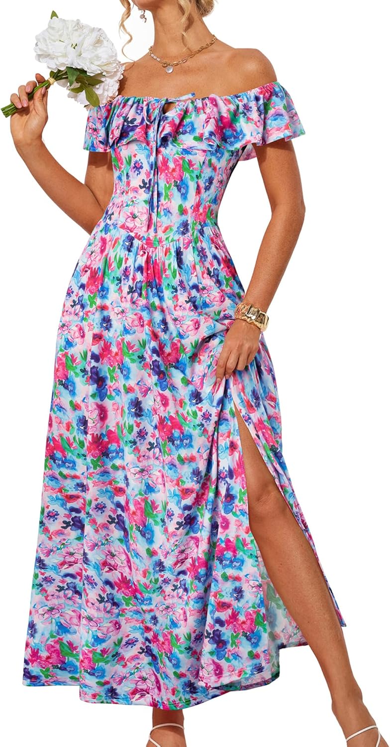 2025 Womens Maxi Dresses Summer Off Shoulder Floral Dress