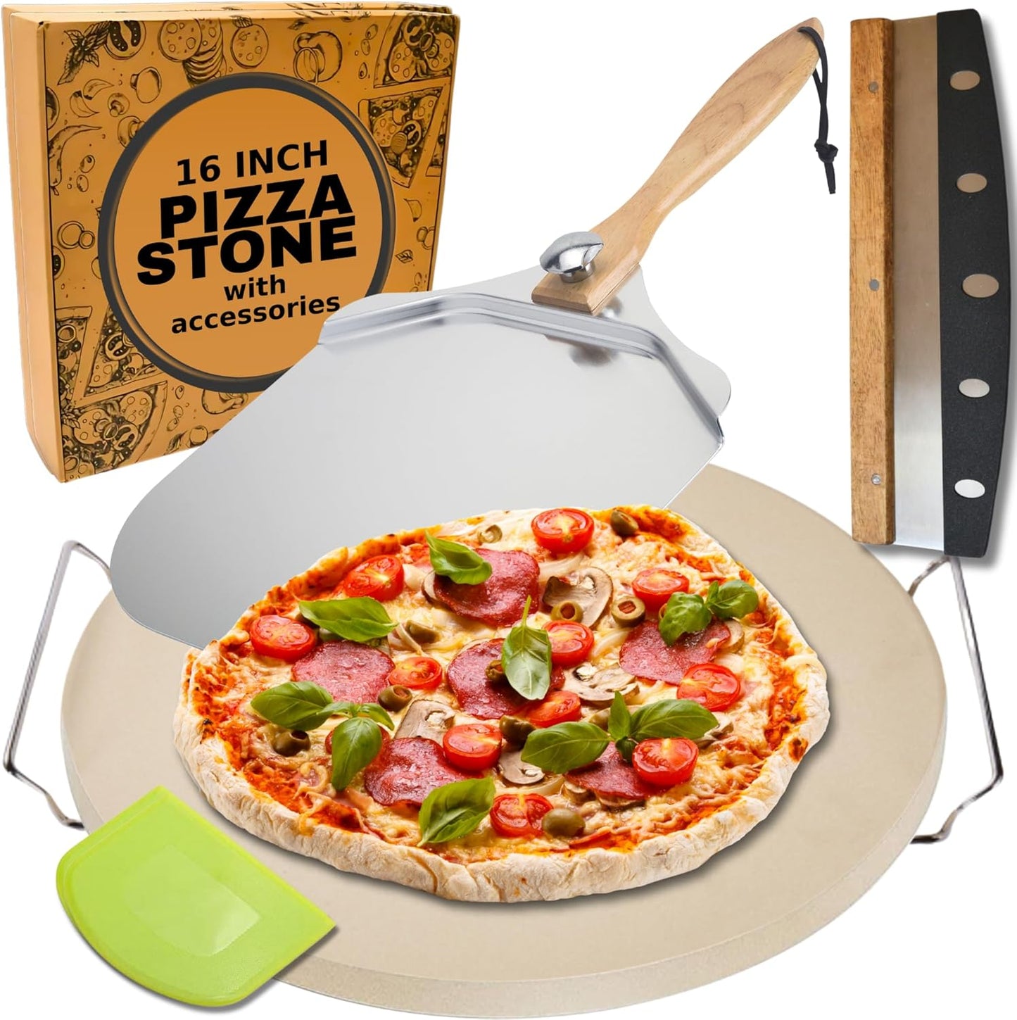 Round Pizza Stone for Oven 16 in - Complete Pizza Making Set