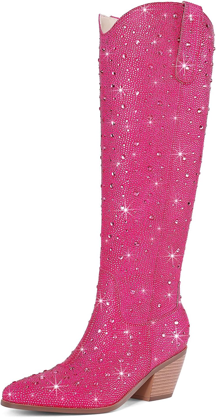 Cowgirl Ankle Boots for Women with Rhinestones and Chunky Heel