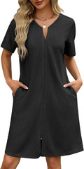 Women Waffle Zipper Robe Short Bathrobe with Pockets - Lightweight