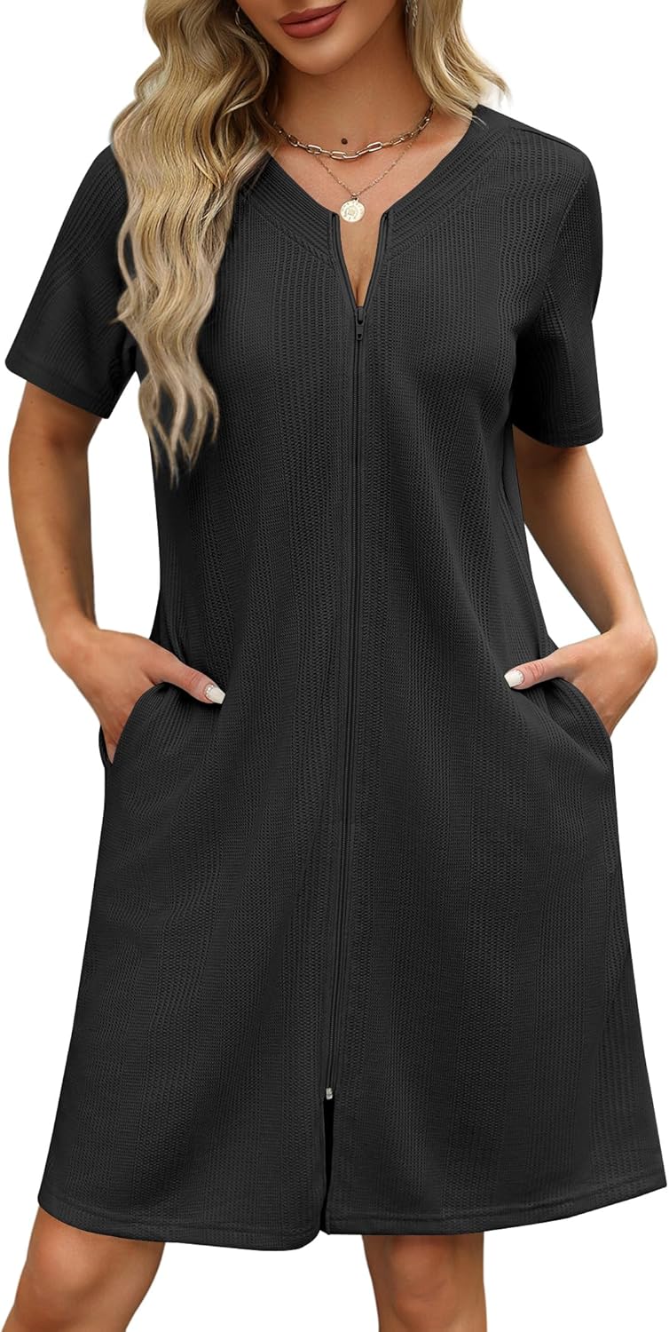 Ekouaer Women Zipper Robes Waffle Short Bathrobe with Pockets